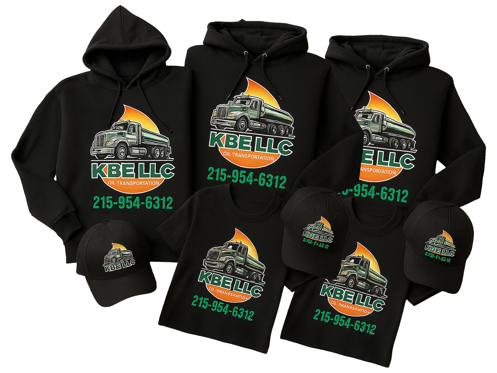 Custom apparel set with full-color logo transfers